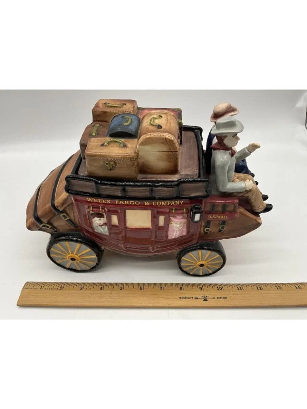 Wells Fargo Vibrant Colored Stagecoach Ceramic Cookie Jar w/ Lift-Off Lid Vintag